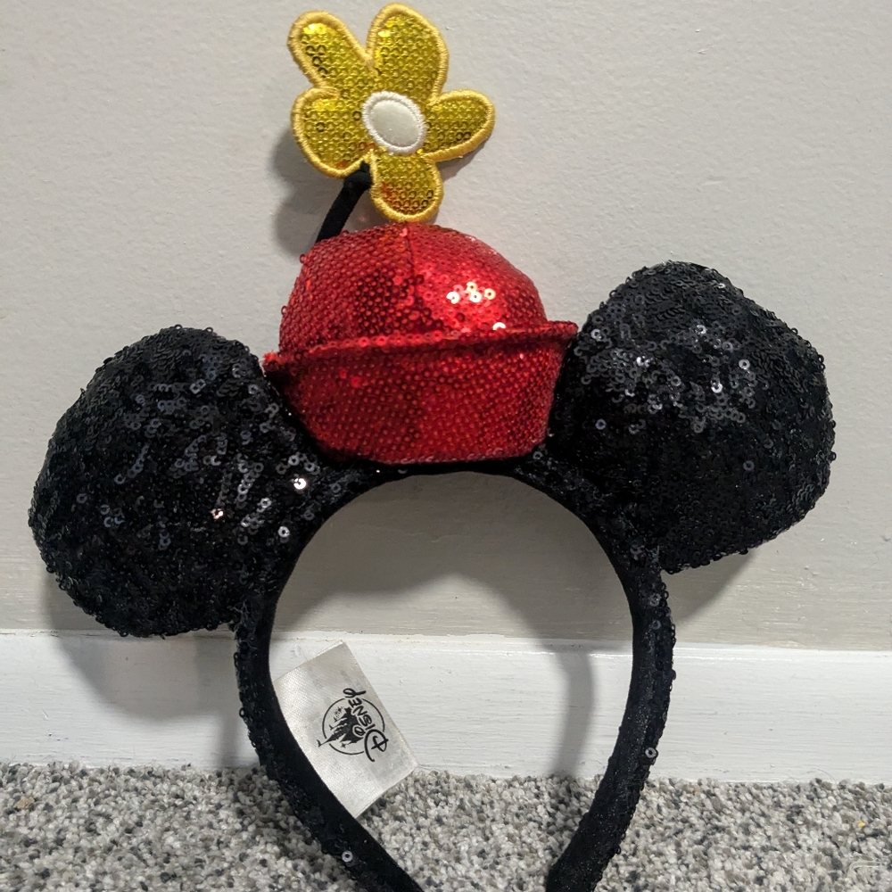Classic Minnie Mouse Black Sequined Ears Flower Pot Daisy Headband Disney Japan
